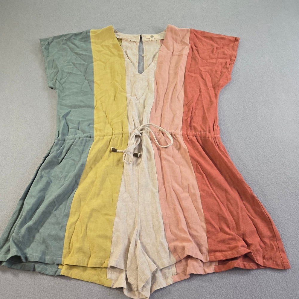 Entro Romper Womens 1X Multicolor Stripe Linen Blend V-Neck Keyhole Back Short